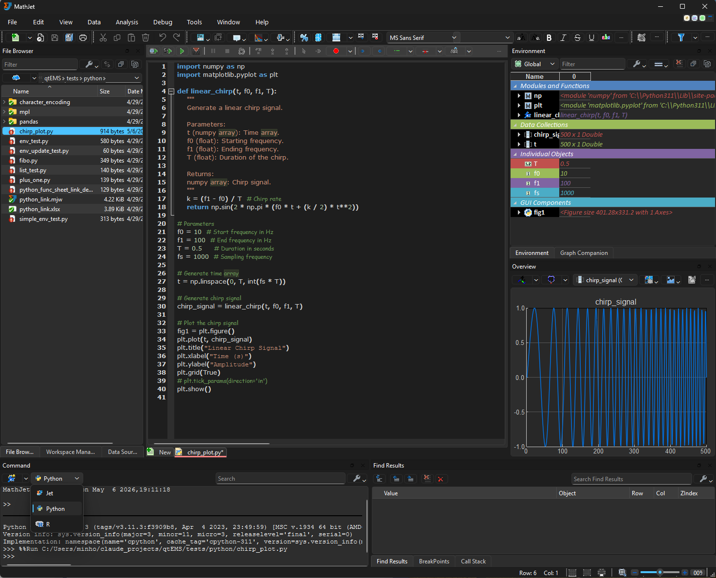 MathJet coding view: integrated editor with debugger panes, watch windows, and charts built from the running session's data.
